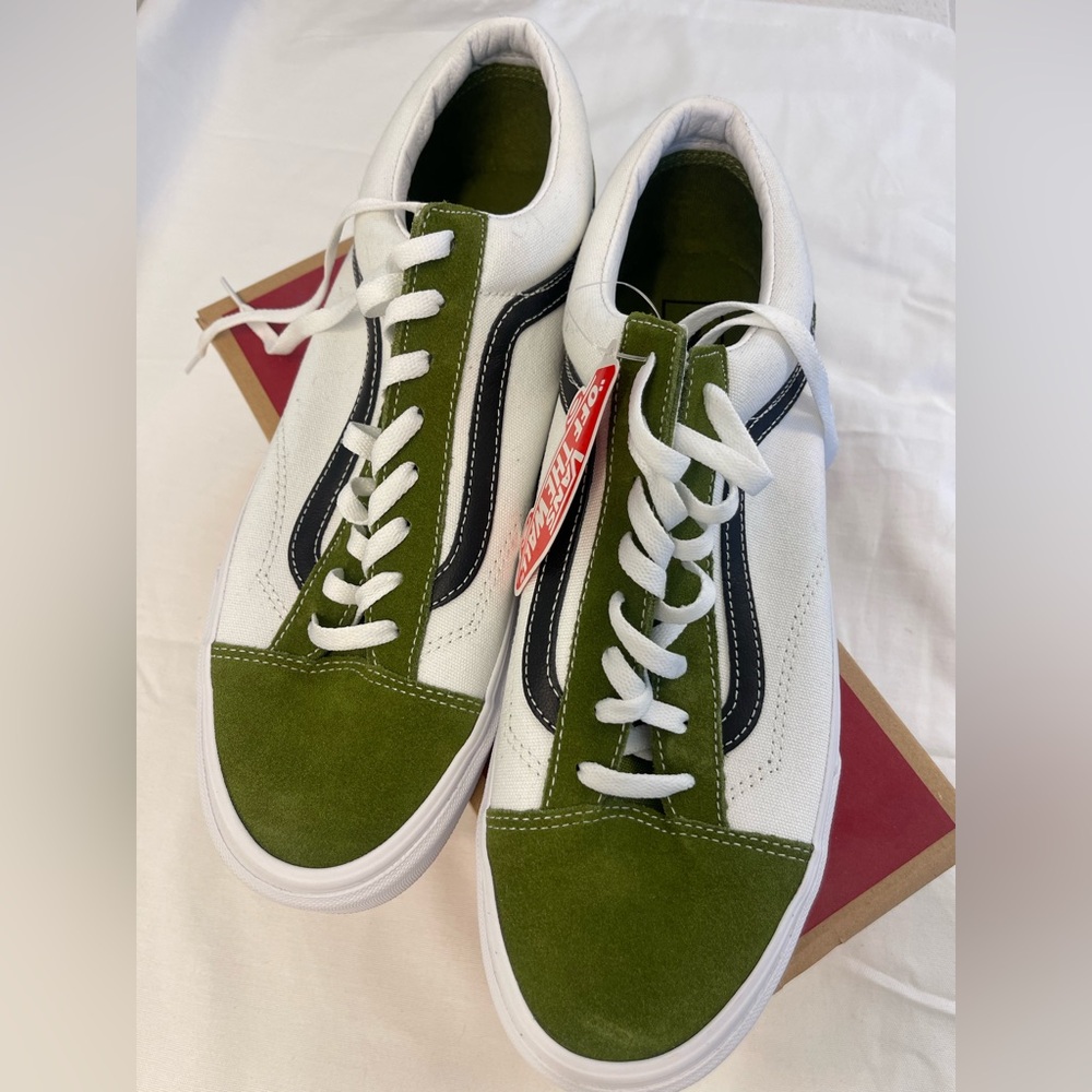Vans Men's White and Olive Green Sneakers